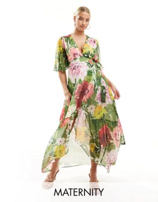 Hope & Ivy Maternity wrap maxi dress in green floral print Hope & Ivy