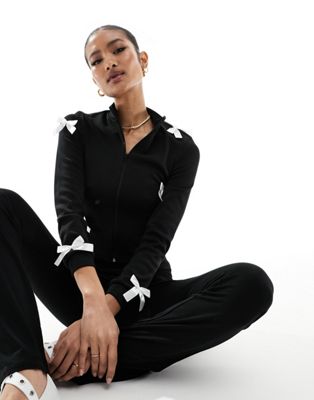 Fashionkilla ribbed zip through contrast bow detail sweater in black Fashionkilla