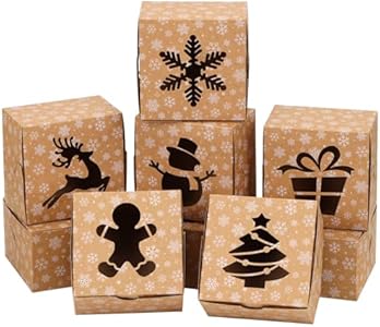 Moretoes 30pcs 4x4x2.5in Christmas Cookie Boxes, Brown Kraft Treat Boxes with Window Small Xmas Bakery Boxes for Holiday Party Favor Pastries, Cupcakes, Donuts Gift Warpping Moretoes