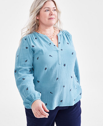 Plus Size Cotton Printed Long-Sleeve Top, Created for Macy's Style & Co