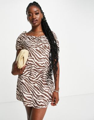 Женское мини-платье Urban Revivo с пышными рукавами в буром тигровом принте Urban Revivo