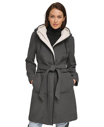 Женское полушерстяное пальто с капюшоном из искусственного меха и поясом DKNY