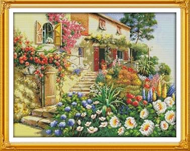 Howie's Needlepoint Cross Stitch Kits, 14CT Pre-Printed Pattern Embroidery Kits, Full Range of Stamped Starter Needlework Kits (Afternoon Tea in Spring, 8.27 x 6.3inch) Howie's Needlepoint