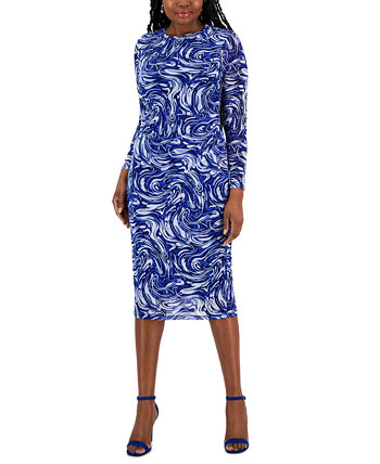 Women's Printed Side-Pleated Long-Sleeve Dress Kasper