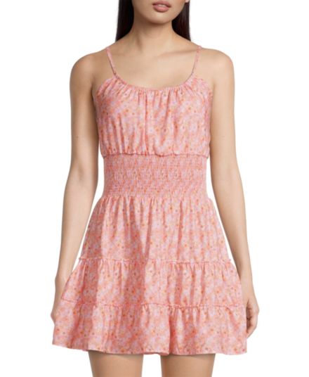 Ярусное хлопковое мини-платье из хлопка с цветочным принтом Peixoto