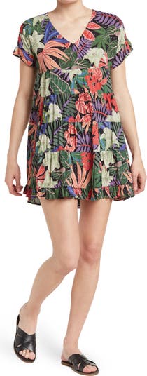 Tropical Floral Printed V-Neck Tiered Dress Angie