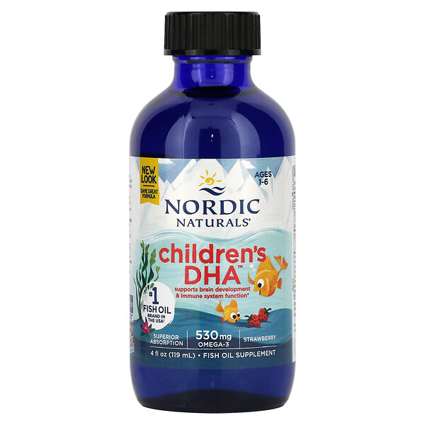 Детская ДГК, возраст 1–6 лет, клубника, 530 мг, 4 жидких унции (119 мл) (530 мг на 1/2 чайной ложки) Nordic Naturals