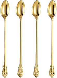 KEAWELL Luxurious 9 Inch Long Iced Tea Spoon Set - 4 Pieces - Gorgeous Design with Exceptional Mirror Polished Finish - 18/10 Stainless Steel- Perfect for Tall Glasses, Cocktails (Gold) KEAWELL