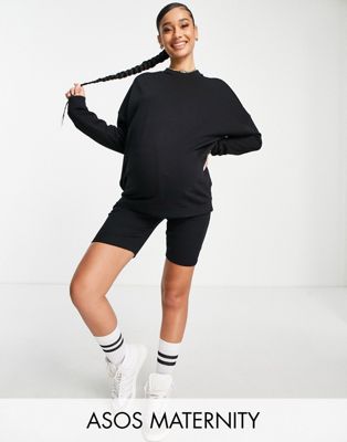 Черный спортивный костюм для беременных с объемным свитшотом и шортами-леггинсами в рубчик ASOS DESIGN ASOS Maternity