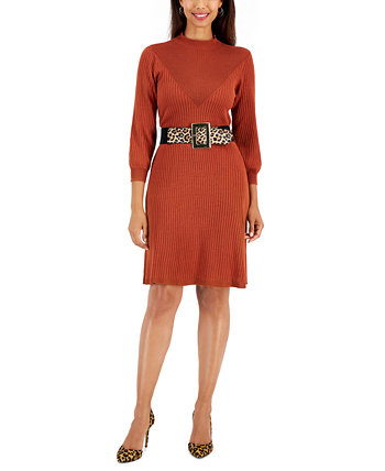 Petite Mock-Neck Belted Ribbed Sweater Dress Robbie Bee