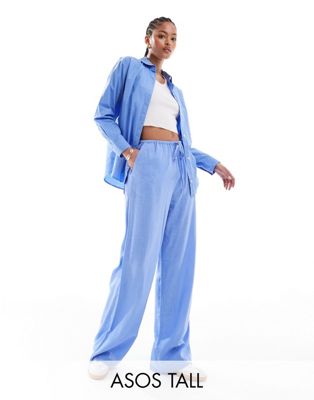 ASOS DESIGN Tall wide leg pull on pants with linen in blue ASOS Tall