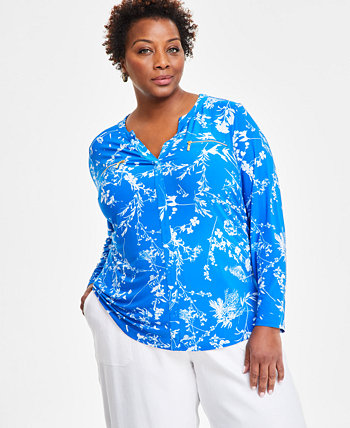 Plus Size Printed Zip-Pocket Top, Created for Macy's I.N.C. International Concepts