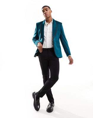 Узкий бархатный пиджак бирюзово-синего цвета с контрастной окантовкой ASOS DESIGN ASOS DESIGN