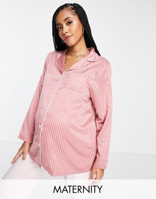 Атласная пижамная рубашка для беременных Loungeable в темно-розовую и кремовую полоску — часть комплекта Loungeable