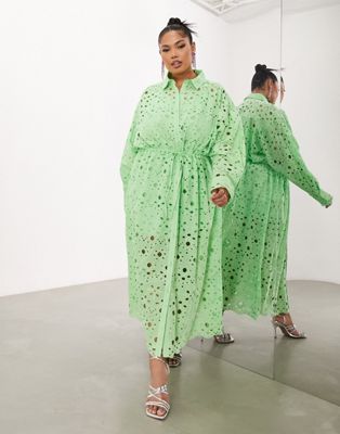 Ярко-зеленое платье-рубашка миди с длинными рукавами и кулиской ASOS EDITION Curve ASOS EDITION