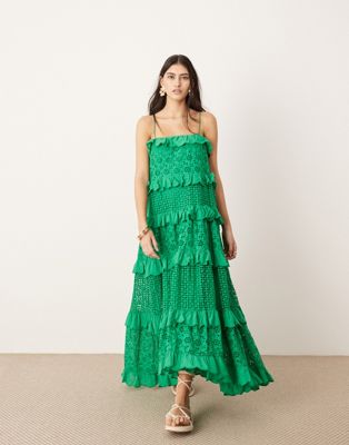 ASOS EDITION strappy eyelet trapeze tiered maxi dress in mid green ASOS EDITION
