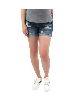 Destructed Cuffed Maternity Shorts with Under Belly Indigo Poppy