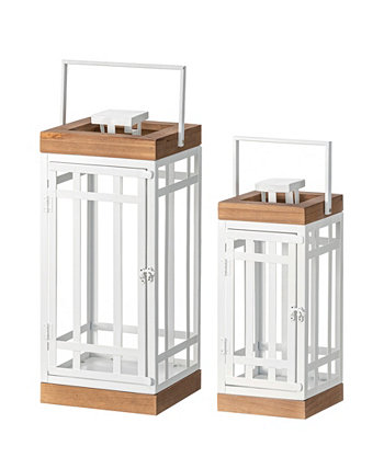 Set of 2 Modern Square Metal/Wood White Lanterns, 10"L X 10"W X 21.25"H Glitzhome