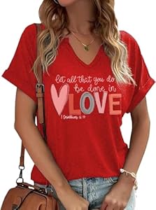 Earlymemb Womens Lover Heart Graphic V Neck Shirt Valentines Funny Couple Matching Casual Short Sleeve Tee Tops Earlymemb