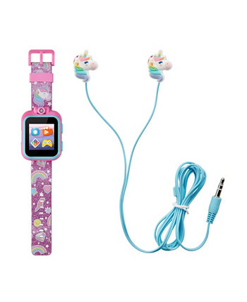 Детские смарт-часы с фиолетовым блеском и единорогом, силиконовый ремешок, сенсорный экран, 42 мм, подарочный набор с наушниками Playzoom