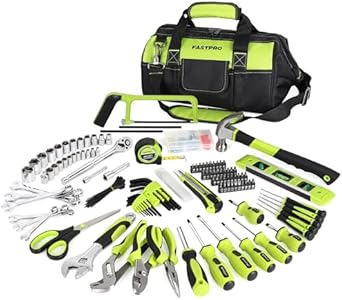 FASTPRO 267-Piece Home Tool Set, Household Repairing Tool Kit with 13-Inch Wide Mouth Open Tool Bag, Mechanics Hand Tool Kit for DIY, Home Maintenance, Green Fastpro