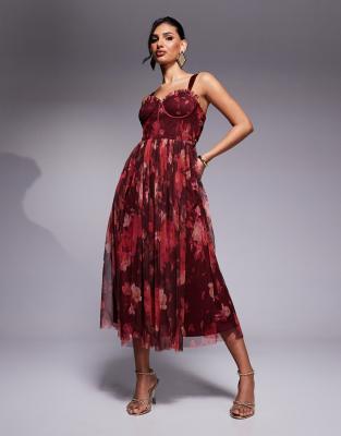 Lace & Beads corset tulle midaxi dress in deep red rose LACE & BEADS