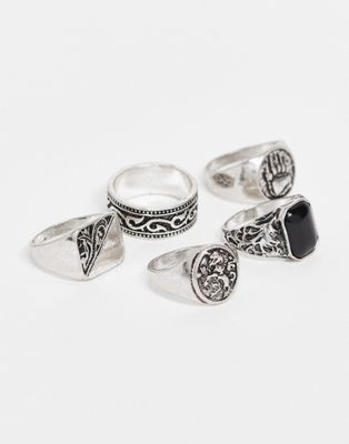 ASOS DESIGN 5-pack rings set with animal in burnished silver tone ASOS DESIGN