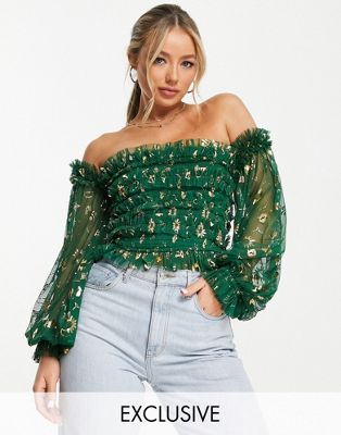 Lace & Beads Exclusive off-shoulder tulle top in emerald green zodiac LACE & BEADS