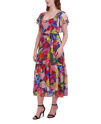 Women's Flutter-Sleeve Printed Midi Dress Donna Ricco