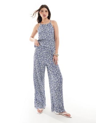 JDY pull on wide leg plisse pants in white & blue abstract print - part of a set JDY