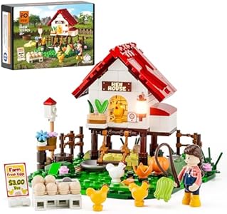 FUNWHOLE Farm Hen-House Lighting Building-Bricks Set - Farm Life Chicken Henhouse and Animal Collection LED Light Construction Building Model Set 323 Pcs for Adults and Teen FUNWHOLE