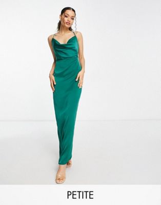 Изумрудно-зеленое атласное платье макси для выпускного с воротником-хомутом NaaNaa Petite NaaNaa