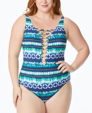 Plus Size Sun, Sea & Sand Printed Lattice-Front One-Piece Swimsuit Bleu Rod Beattie