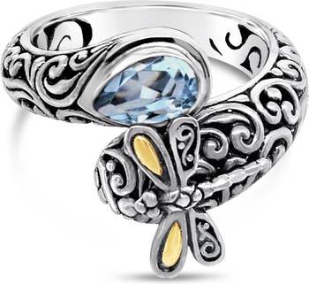 Кольцо из стерлингового серебра, золота 18 карат и голубого топаза со стрекозой DEVATA