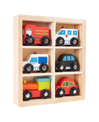 Набор деревянных машинок Hey Play — набор мини-игрушечных машинок с машинками, полицией и пожарными машинами, забавные игры в формате поезда для мальчиков и девочек дошкольного возраста, 6 предметов Trademark Global