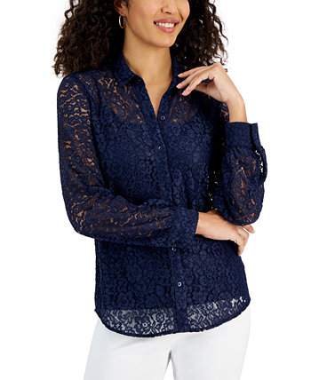 Women's Lace Button-Down Long-Sleeve Shirt, Created for Macy's J&M Collection