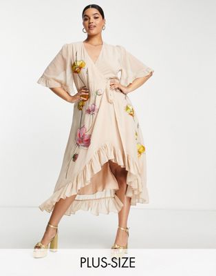 Hope & Ivy Plus embroidered wrap maxi dress in peach floral Hope & Ivy Plus