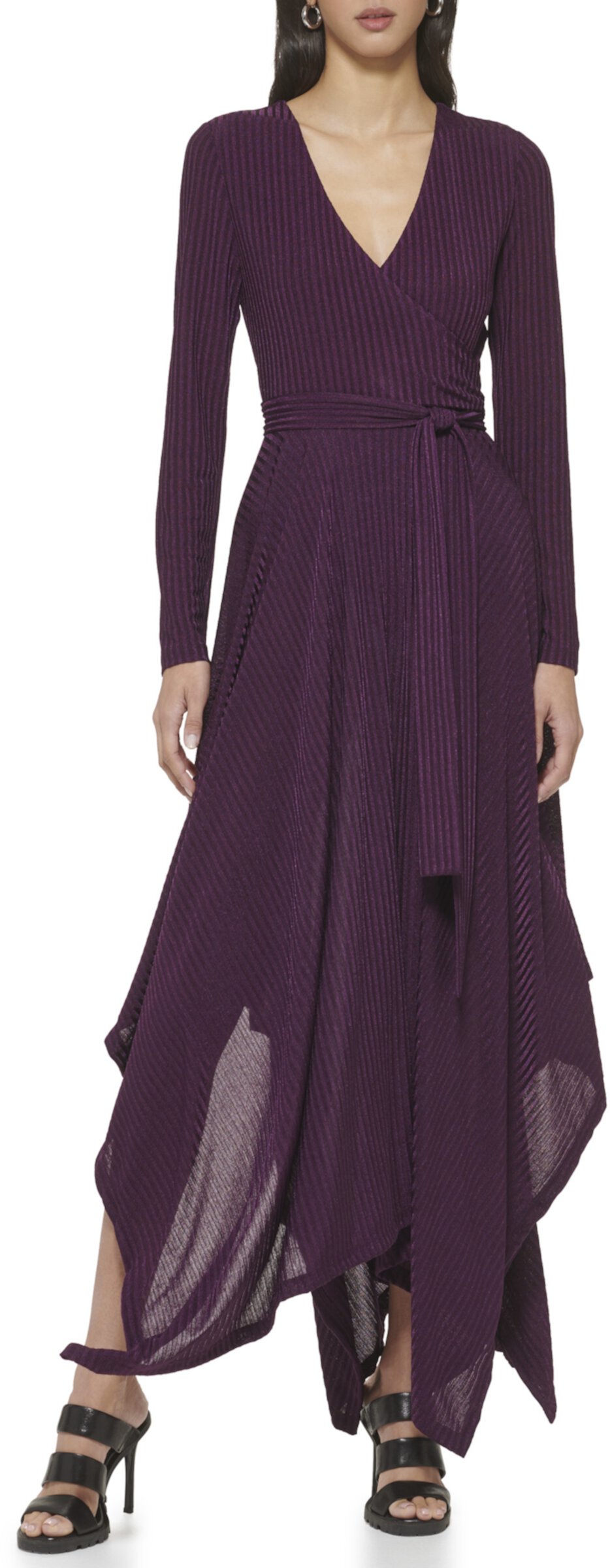 Платье макси с длинными рукавами и запахом Hacci в рубчик DKNY