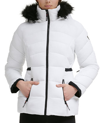 Женское пуховое пальто с капюшоном и отделкой из искусственного меха GUESS