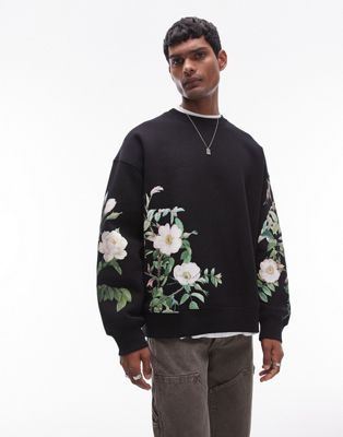 Topman oversized fit sweatshirt with all over floral print in black TOPMAN