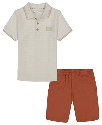 Рубашка-поло с короткими рукавами с узором «елочка» для маленьких мальчиков и саржевые шорты, комплект из 2 предметов Calvin Klein