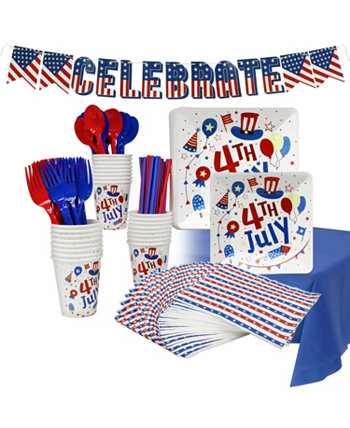 Одноразовый набор для вечеринки по случаю 4 июля, на 24 персоны, с большими и маленькими бумажными тарелками, бумажными стаканчиками, соломинками, салфетками, пластиковой посудой, скатертью и баннером. Puleo