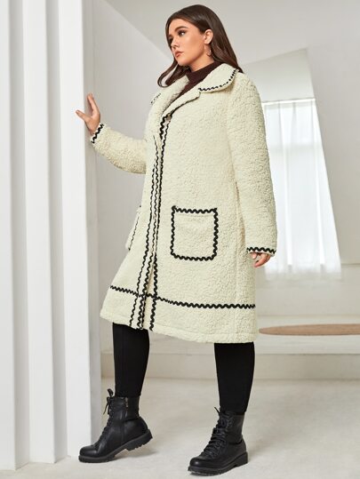 SHEIN размера плюс Плюшевое пальто с контрастной отделкой с карманами SHEIN