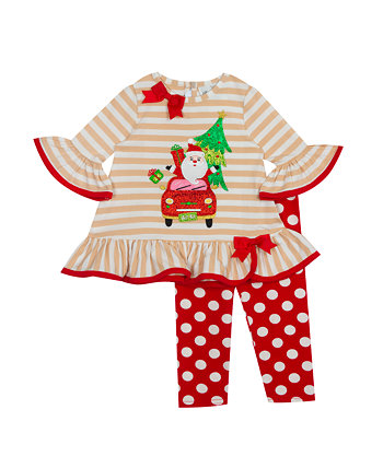 Toddler Girls Stripe Knit Top with Santa Car Applique and Printed Dot Leggings, 2 Piece Set Rare Editions