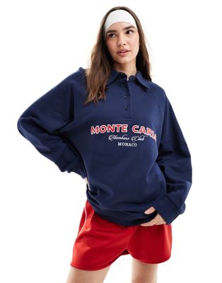 ASOS DESIGN rugby sweatshirt with monte carlo graphic in navy ASOS DESIGN