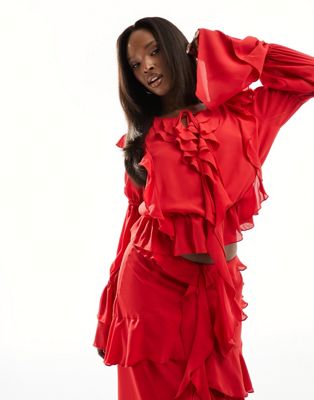 Красная блузка с длинными рукавами и рюшами Daska - часть комплекта Daska