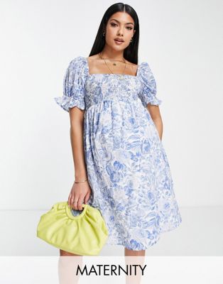 New Look Maternity shirred square neck mini dress in blue floral New Look Maternity