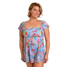 Plus Size Fit 4 U Tropical Print Squareneck Short Sleeve Swim Dress Fit 4 U