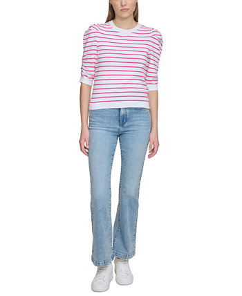 Women's Striped Ruched-Sleeve Crewneck Top DKNY