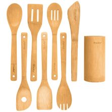 Bamboo Kitchen Utensils Set 8-Pack - Wooden Cooking Utensils for Nonstick Cookware - Wooden Cooking Spoons, Spatulas, Turner, Tongs, Utensil Holder Blauke